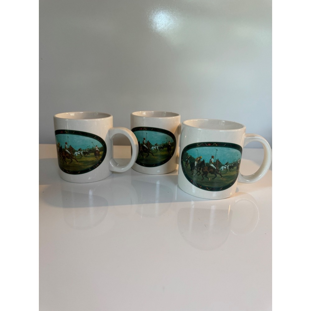 Ralph Lauren Equestrian Polo Match Coffee Mug Set of 3 Cream Ceramic Vintage